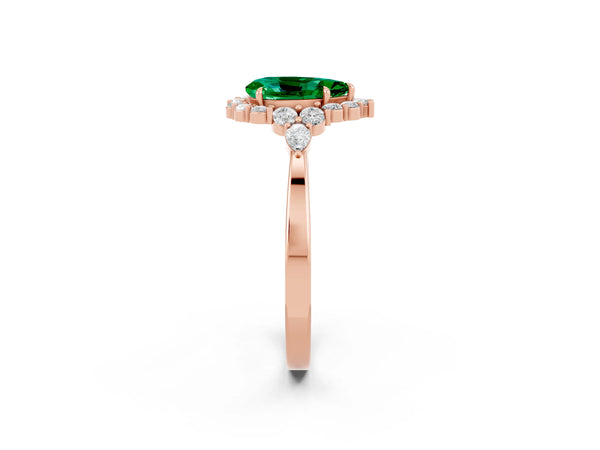 Rose gold Pear Cut Emerald Halo Ring with Pear Side Stones and Prong Setting