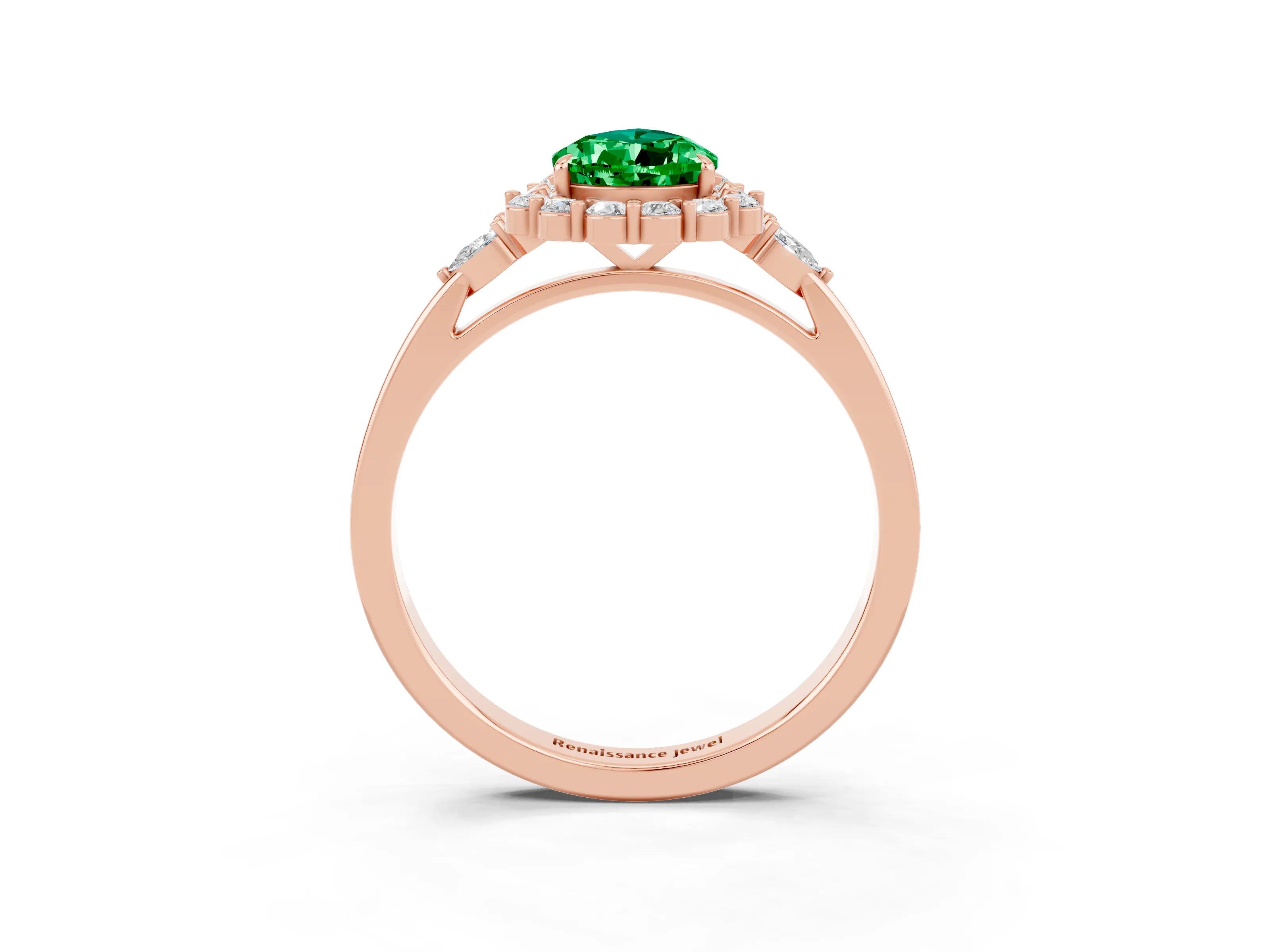 Rose gold Pear Cut Emerald Halo Ring with Pear Side Stones and Prong Setting_15