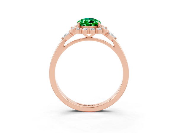 Rose gold Pear Cut Emerald Halo Ring with Pear Side Stones and Prong Setting