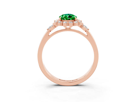 Rose gold Pear Cut Emerald Halo Ring with Pear Side Stones and Prong Setting_15