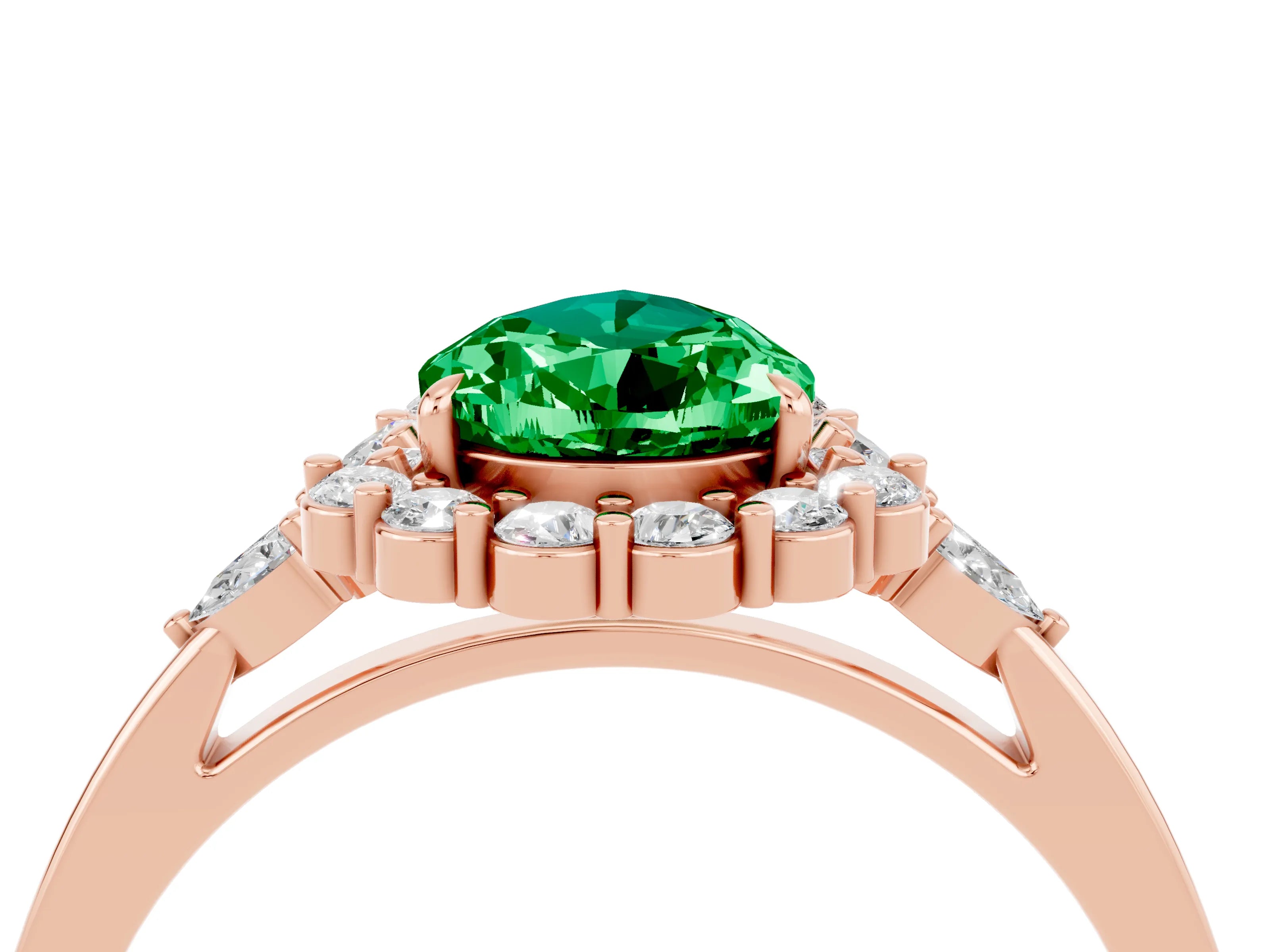 Rose gold Pear Cut Emerald Halo Ring with Pear Side Stones and Prong Setting_16