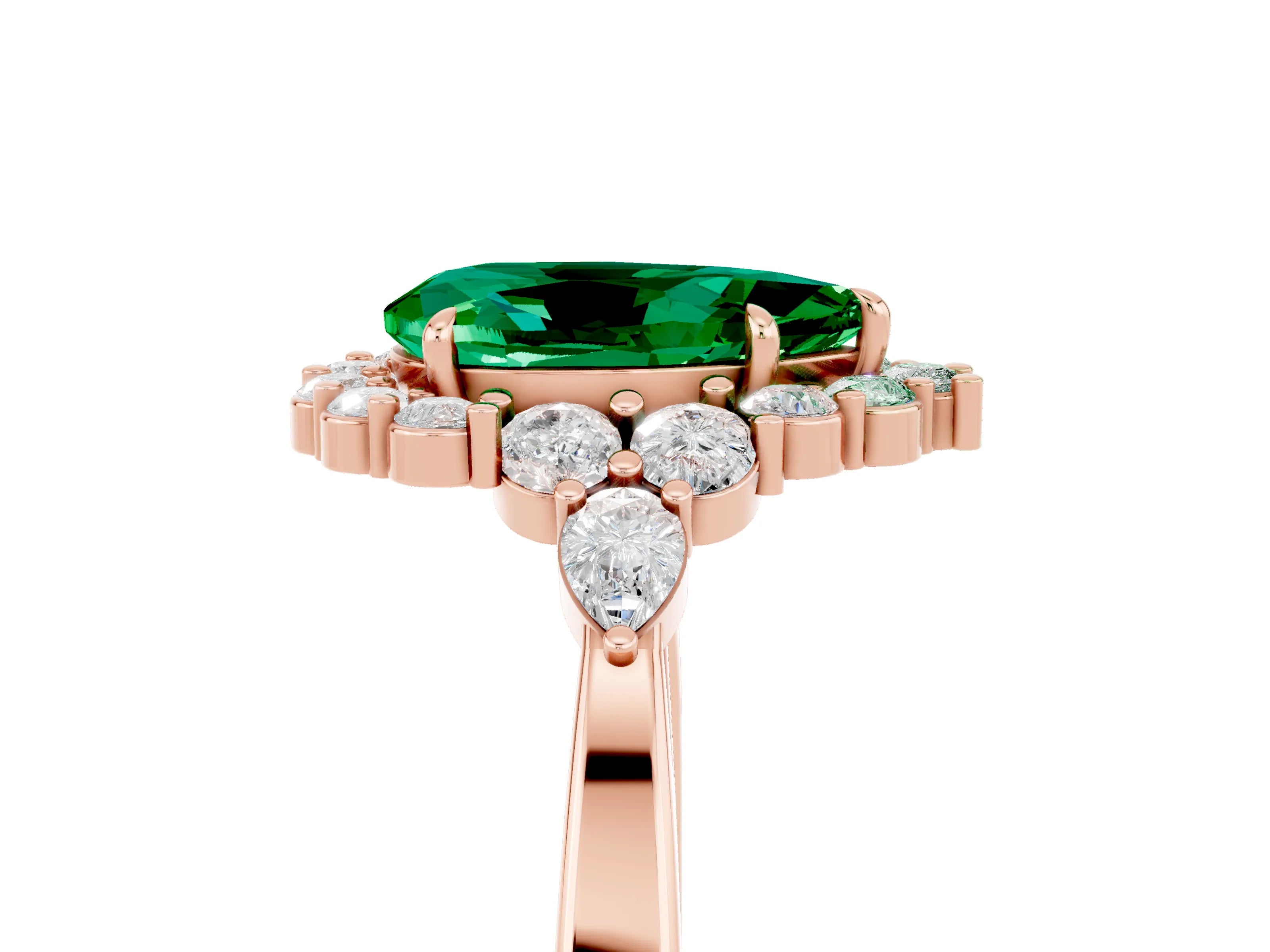 Rose gold Pear Cut Emerald Halo Ring with Pear Side Stones and Prong Setting_17
