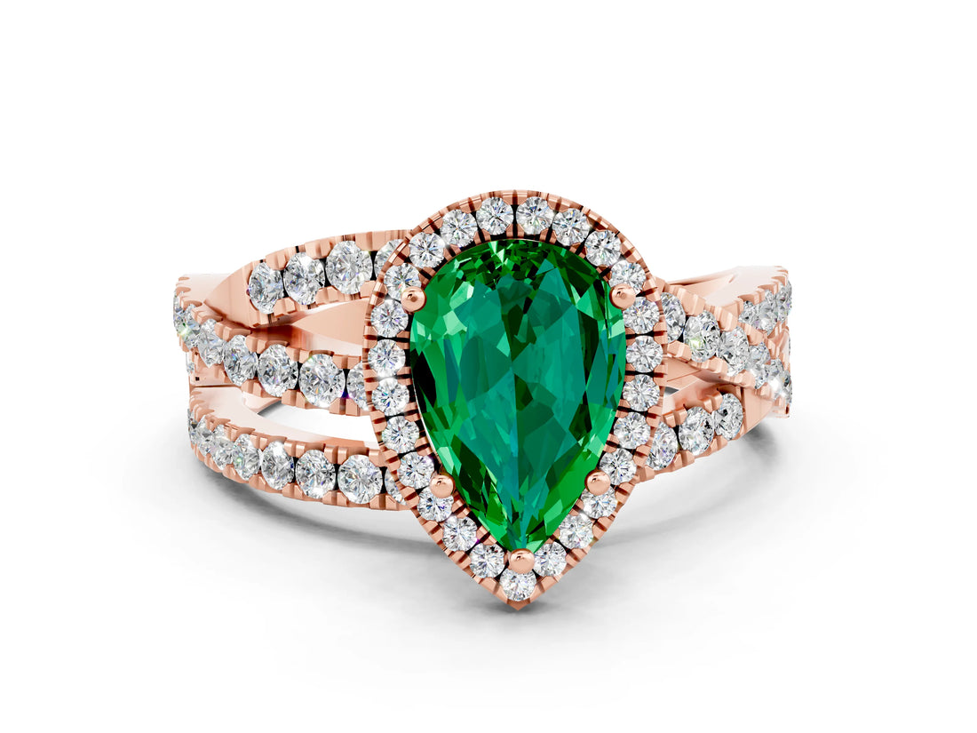 Rose gold Pear Cut Emerald Halo Ring with Round Split Shank and Prong Setting_48