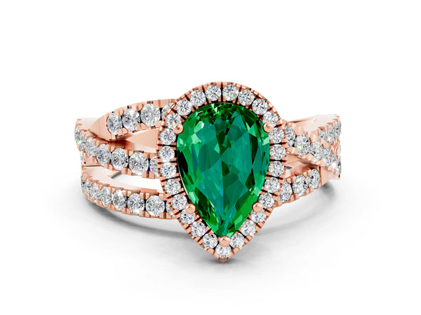 Rose gold Pear Cut Emerald Halo Ring with Round Split Shank and Prong Setting