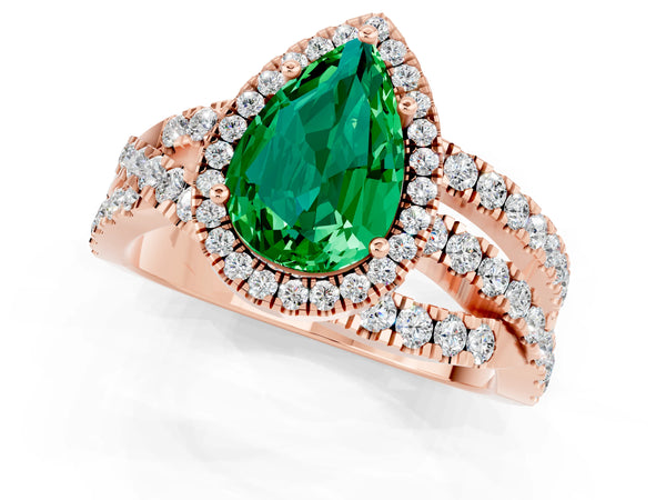 Rose gold Pear Cut Emerald Halo Ring with Round Split Shank and Prong Setting