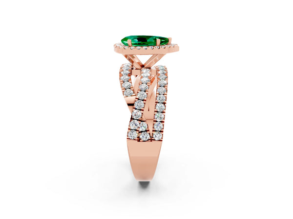 Rose gold Pear Cut Emerald Halo Ring with Round Split Shank and Prong Setting