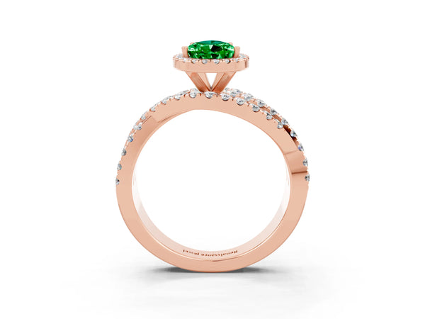 Rose gold Pear Cut Emerald Halo Ring with Round Split Shank and Prong Setting