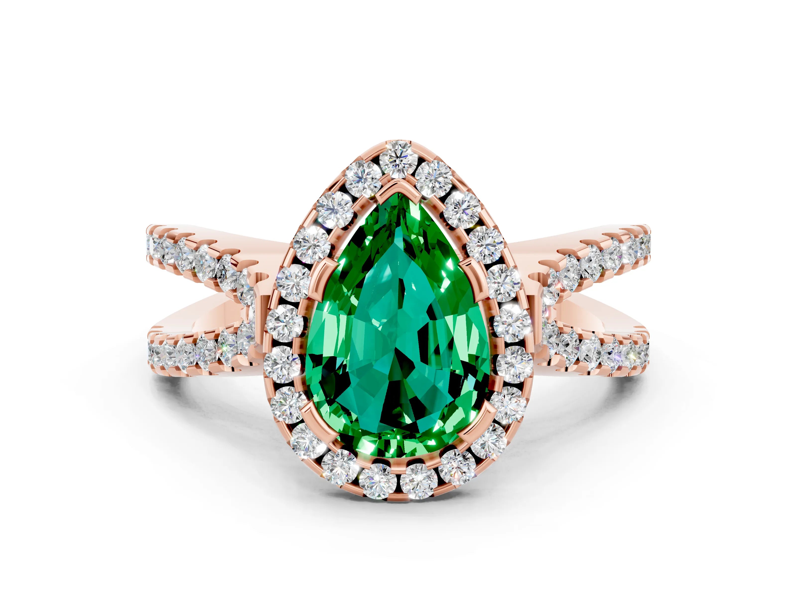 Rose gold Pear Cut Emerald Halo Ring with Split Shank Pavé Band and Prong Setting