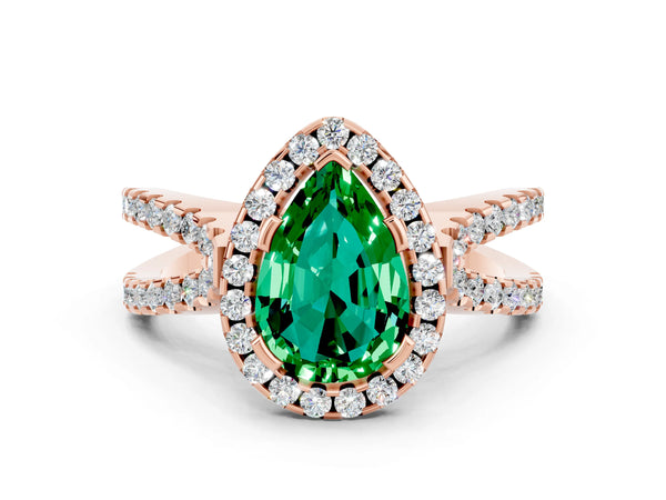 Rose gold Pear Cut Emerald Halo Ring with Split Shank Pavé Band and Prong Setting