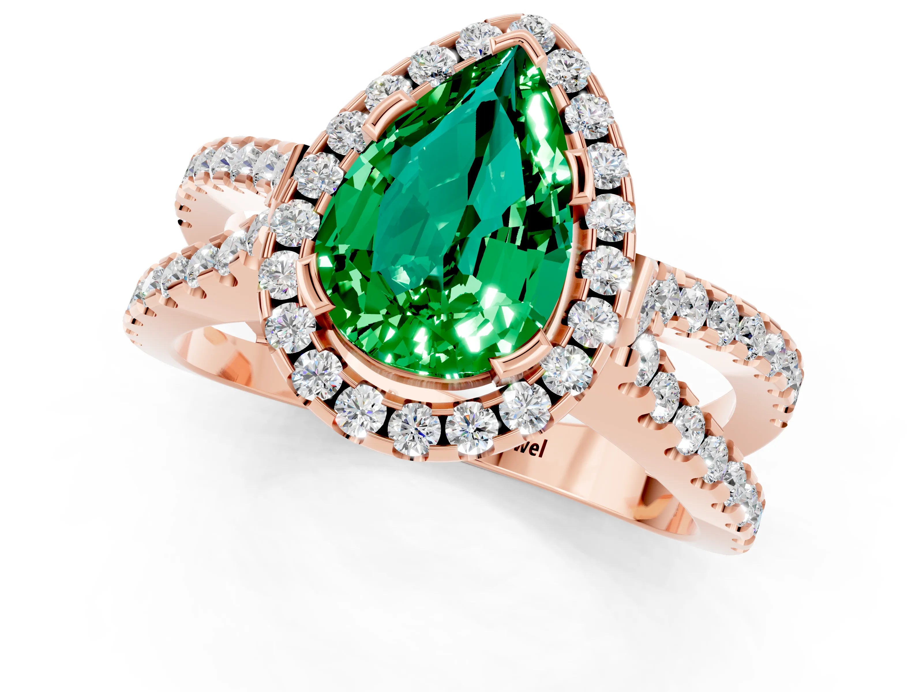 Rose gold Pear Cut Emerald Halo Ring with Split Shank Pavé Band and Prong Setting_1