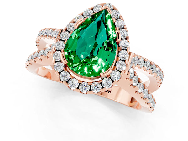 Rose gold Pear Cut Emerald Halo Ring with Split Shank Pavé Band and Prong Setting