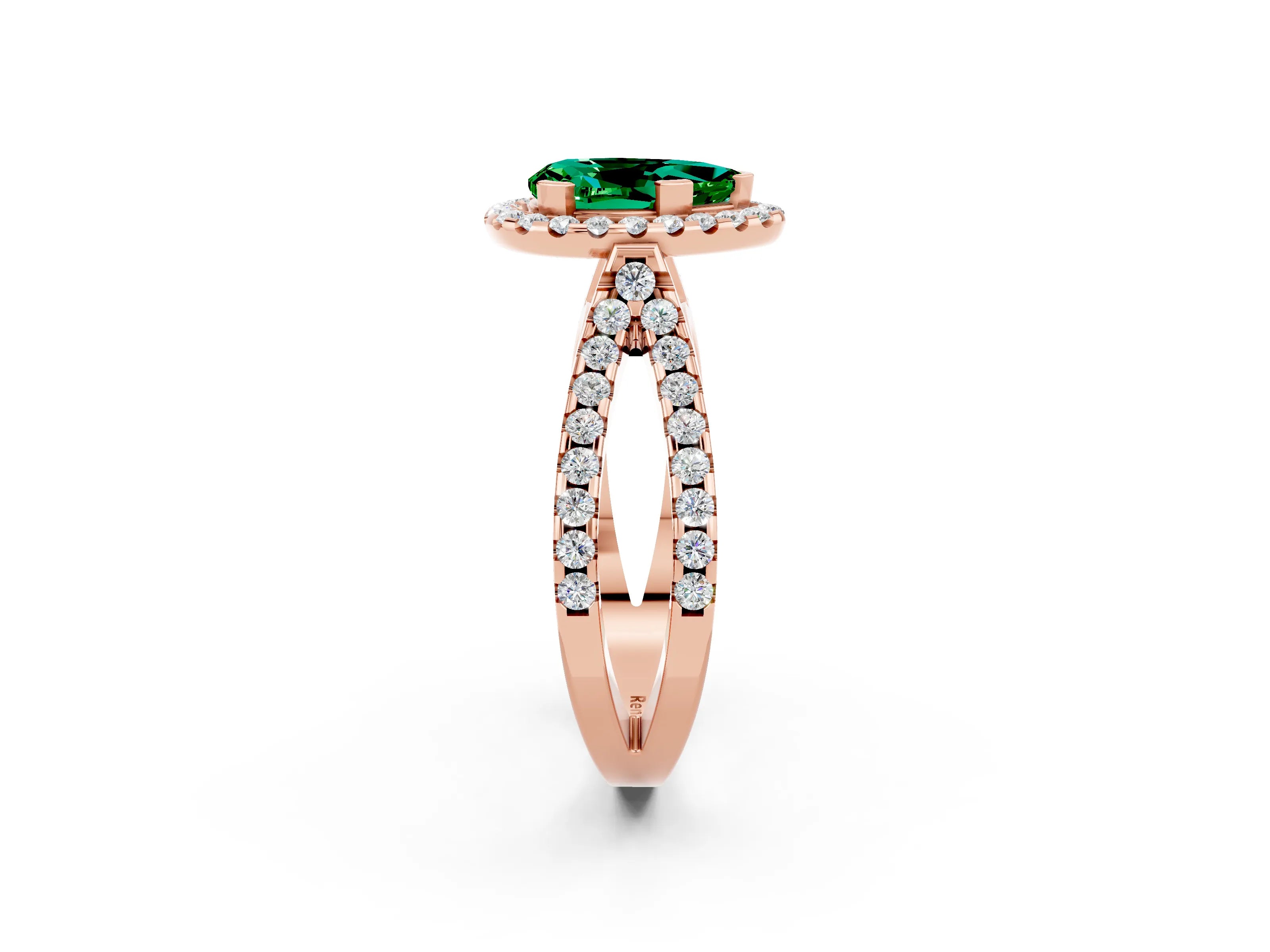 Rose gold Pear Cut Emerald Halo Ring with Split Shank Pavé Band and Prong Setting_2