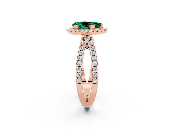 Rose gold Pear Cut Emerald Halo Ring with Split Shank Pavé Band and Prong Setting