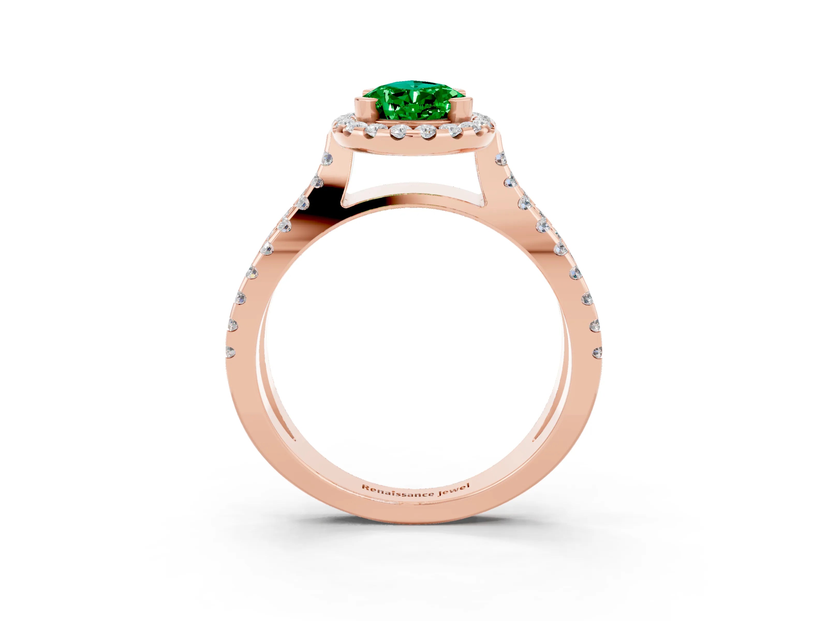 Rose gold Pear Cut Emerald Halo Ring with Split Shank Pavé Band and Prong Setting_3