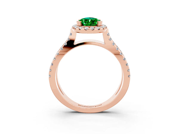Rose gold Pear Cut Emerald Halo Ring with Split Shank Pavé Band and Prong Setting