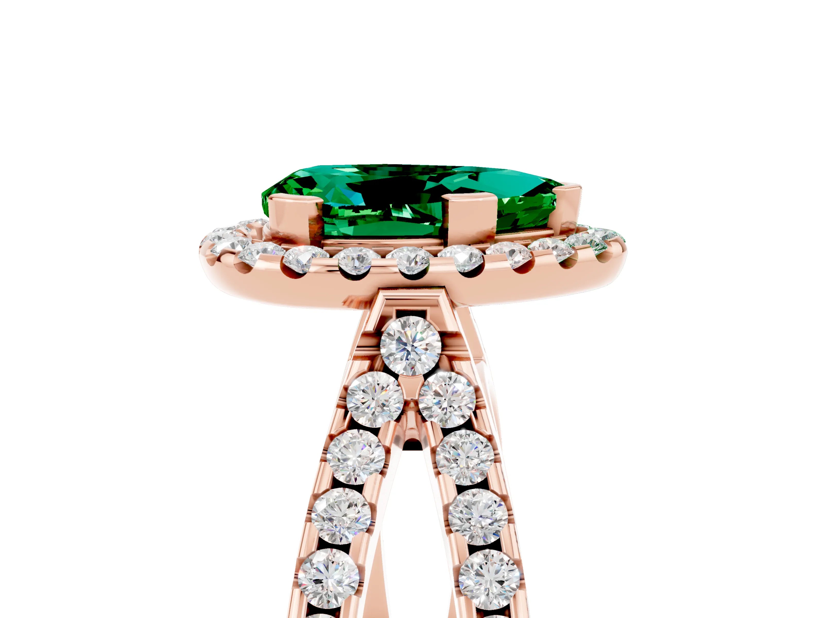 Rose gold Pear Cut Emerald Halo Ring with Split Shank Pavé Band and Prong Setting_5