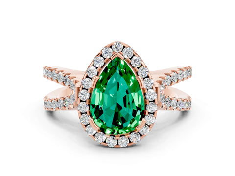 Rose gold Pear Cut Emerald Halo Ring with Split Shank Pavé Band and Prong Setting