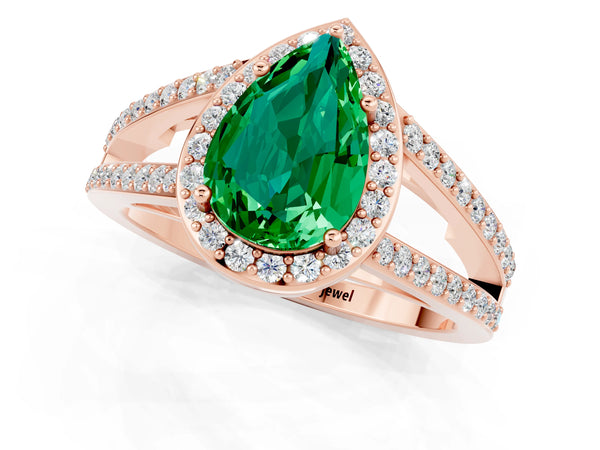 Rose gold Pear Cut Emerald Halo Ring with Split Shank U-Prong Band and Four-Prong Setting