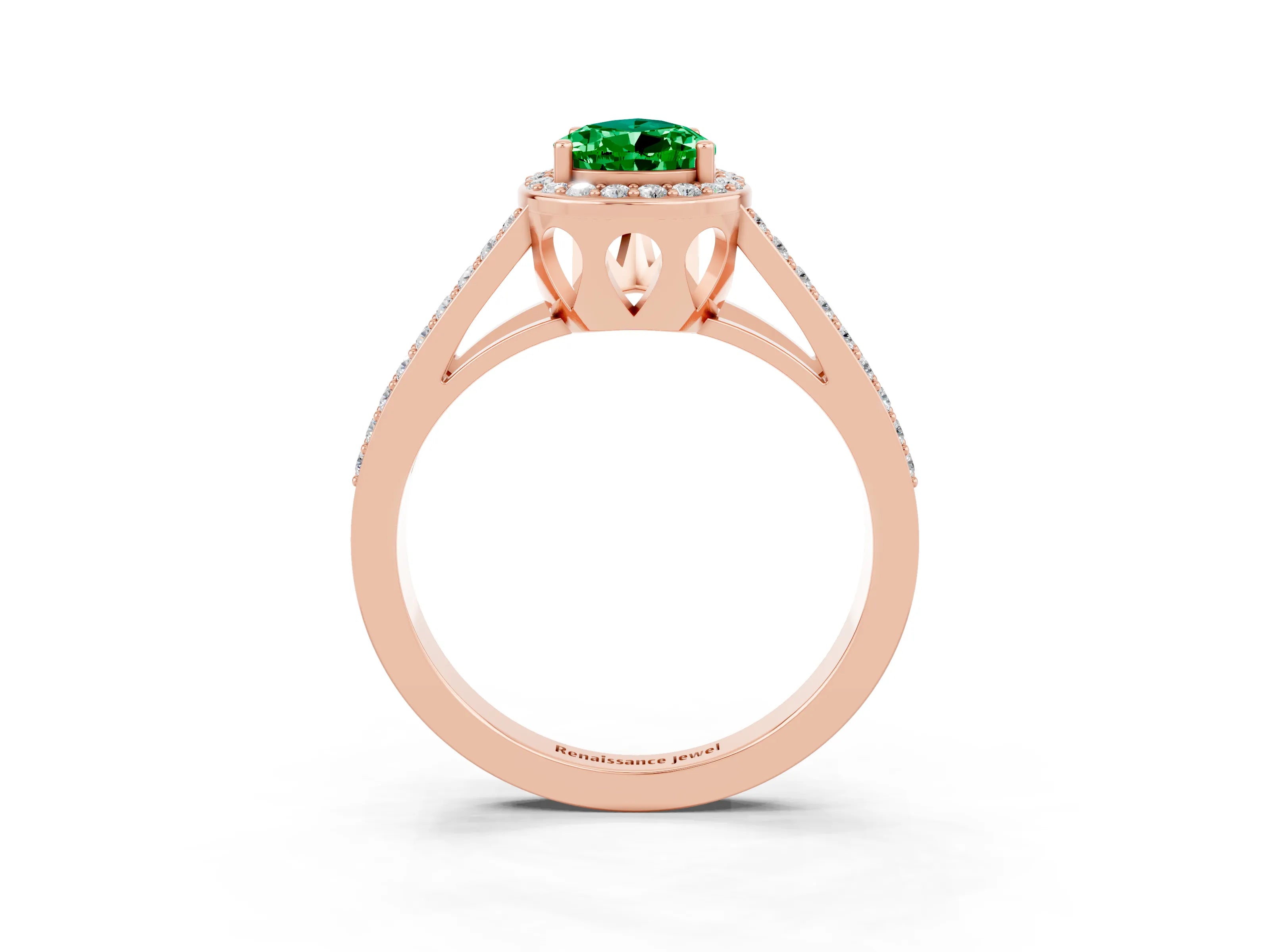 Rose gold Pear Cut Emerald Halo Ring with Split Shank U-Prong Band and Four-Prong Setting_3