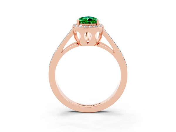 Rose gold Pear Cut Emerald Halo Ring with Split Shank U-Prong Band and Four-Prong Setting