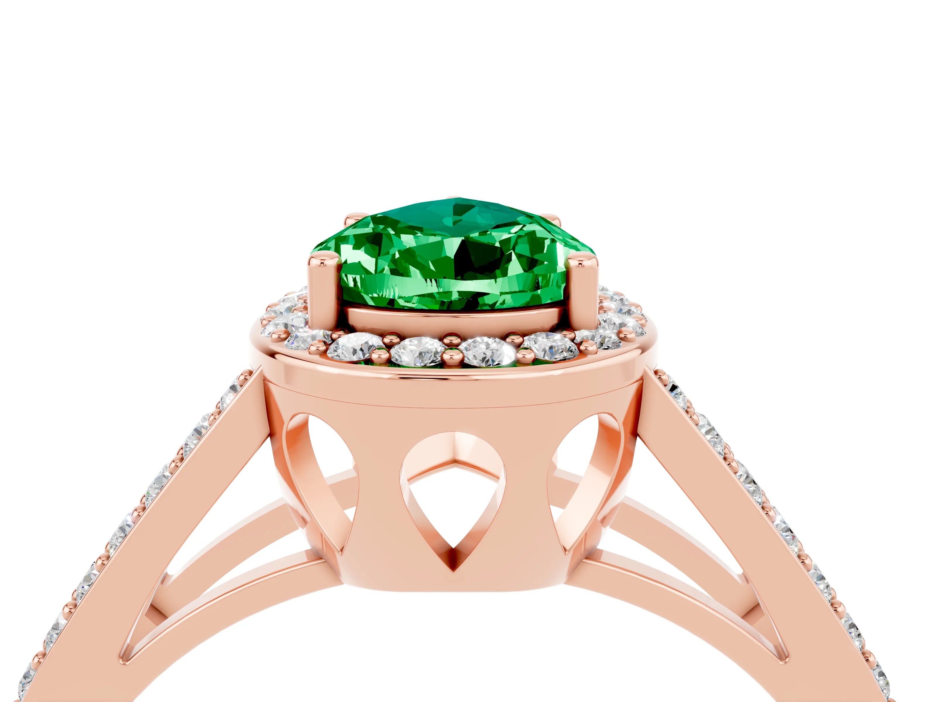 Rose gold Pear Cut Emerald Halo Ring with Split Shank U-Prong Band and Four-Prong Setting_4