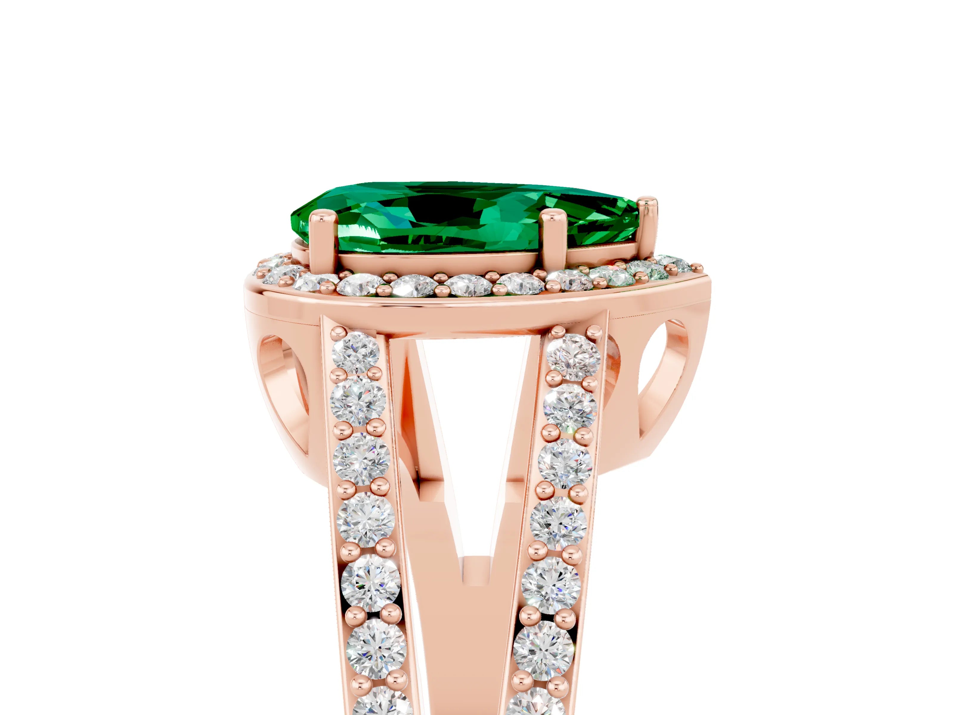Rose gold Pear Cut Emerald Halo Ring with Split Shank U-Prong Band and Four-Prong Setting_5