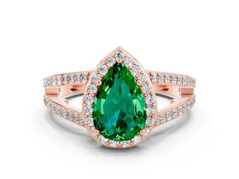 Rose gold Pear Cut Emerald Halo Ring with Split Shank U-Prong Band and Four-Prong Setting