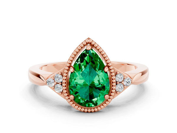 Rose gold Pear Cut Emerald Halo Ring with Tapered Band and Four-Prong Setting
