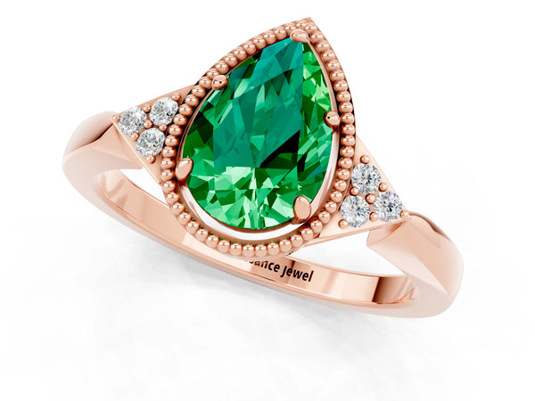 Rose gold Pear Cut Emerald Halo Ring with Tapered Band and Four-Prong Setting