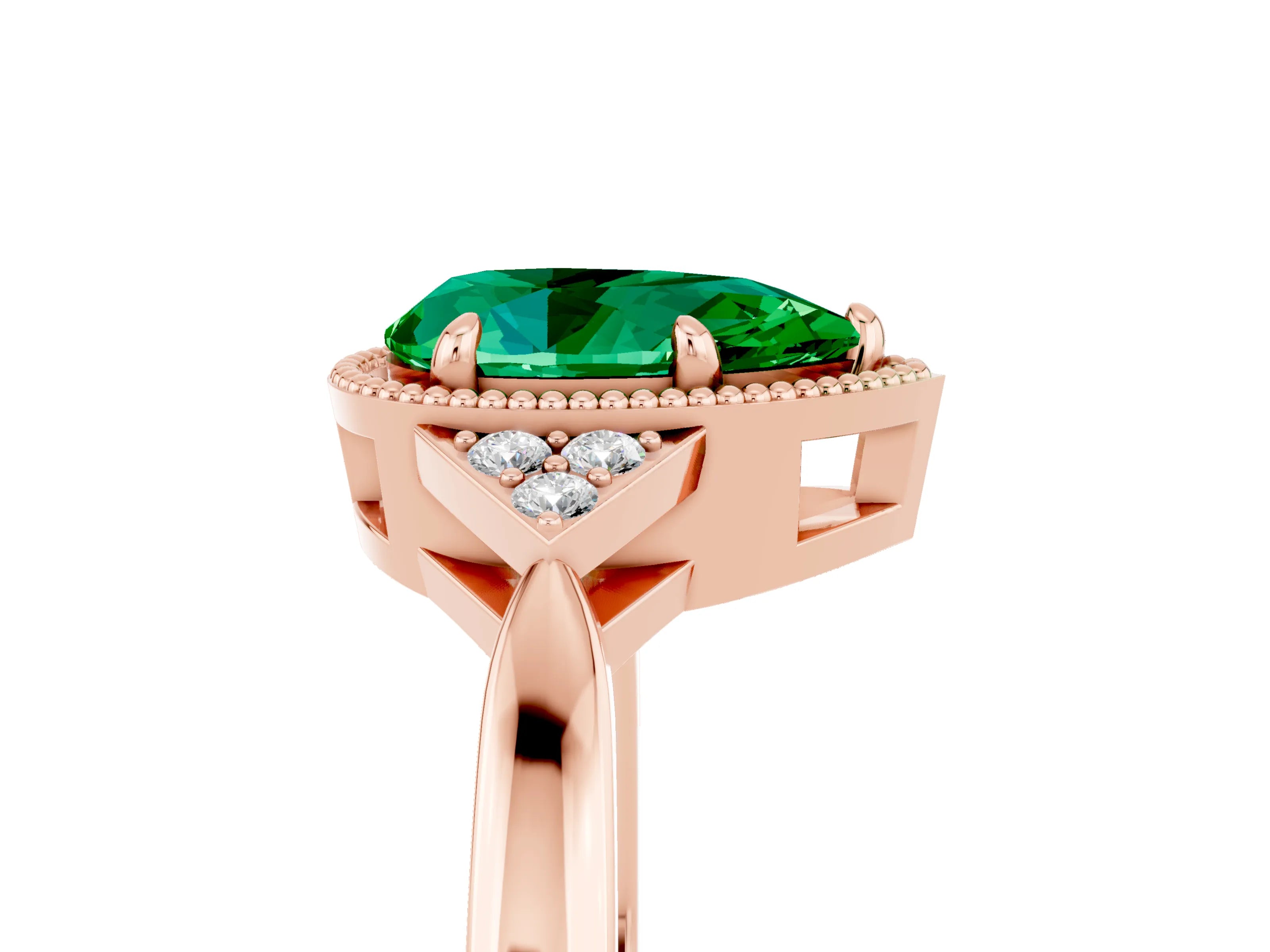 Rose gold Pear Cut Emerald Halo Ring with Tapered Band and Four-Prong Setting_5