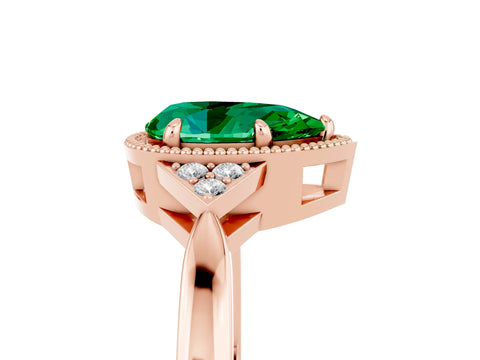 Rose gold Pear Cut Emerald Halo Ring with Tapered Band and Four-Prong Setting_5