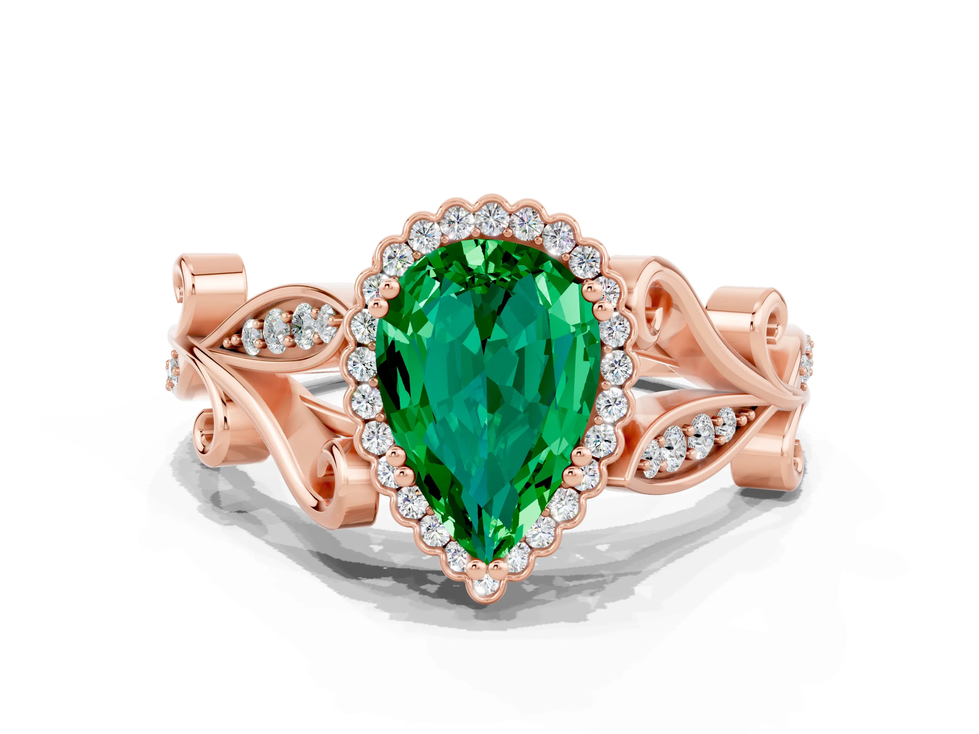 Rose gold Pear Cut Emerald Halo Ring with Vintage Split Shank and Four-Prong Setting