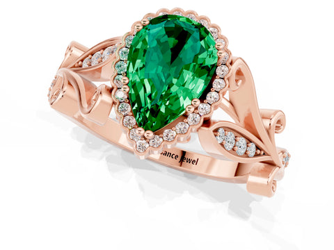 Rose gold Pear Cut Emerald Halo Ring with Vintage Split Shank and Four-Prong Setting_1