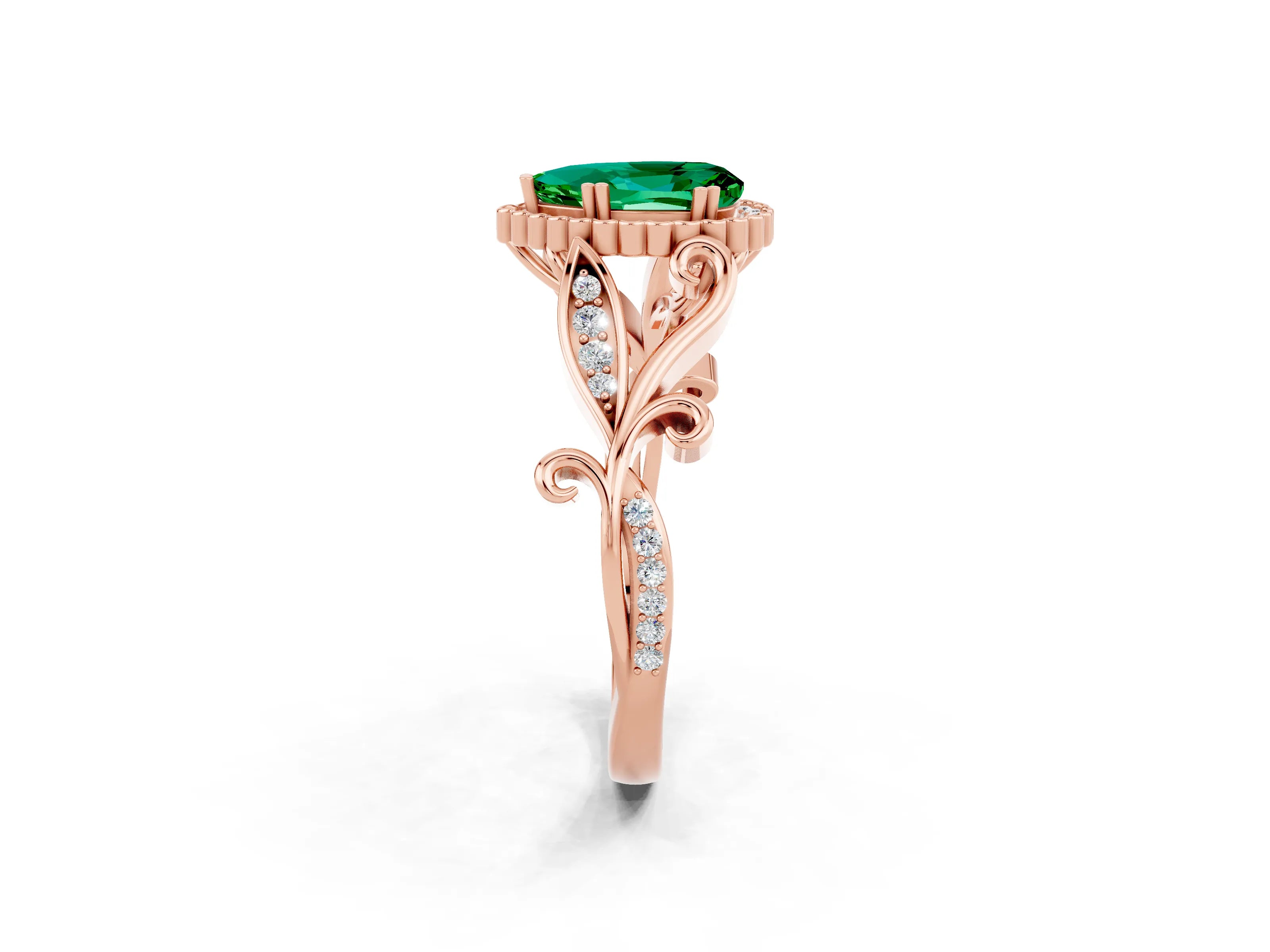 Rose gold Pear Cut Emerald Halo Ring with Vintage Split Shank and Four-Prong Setting_2