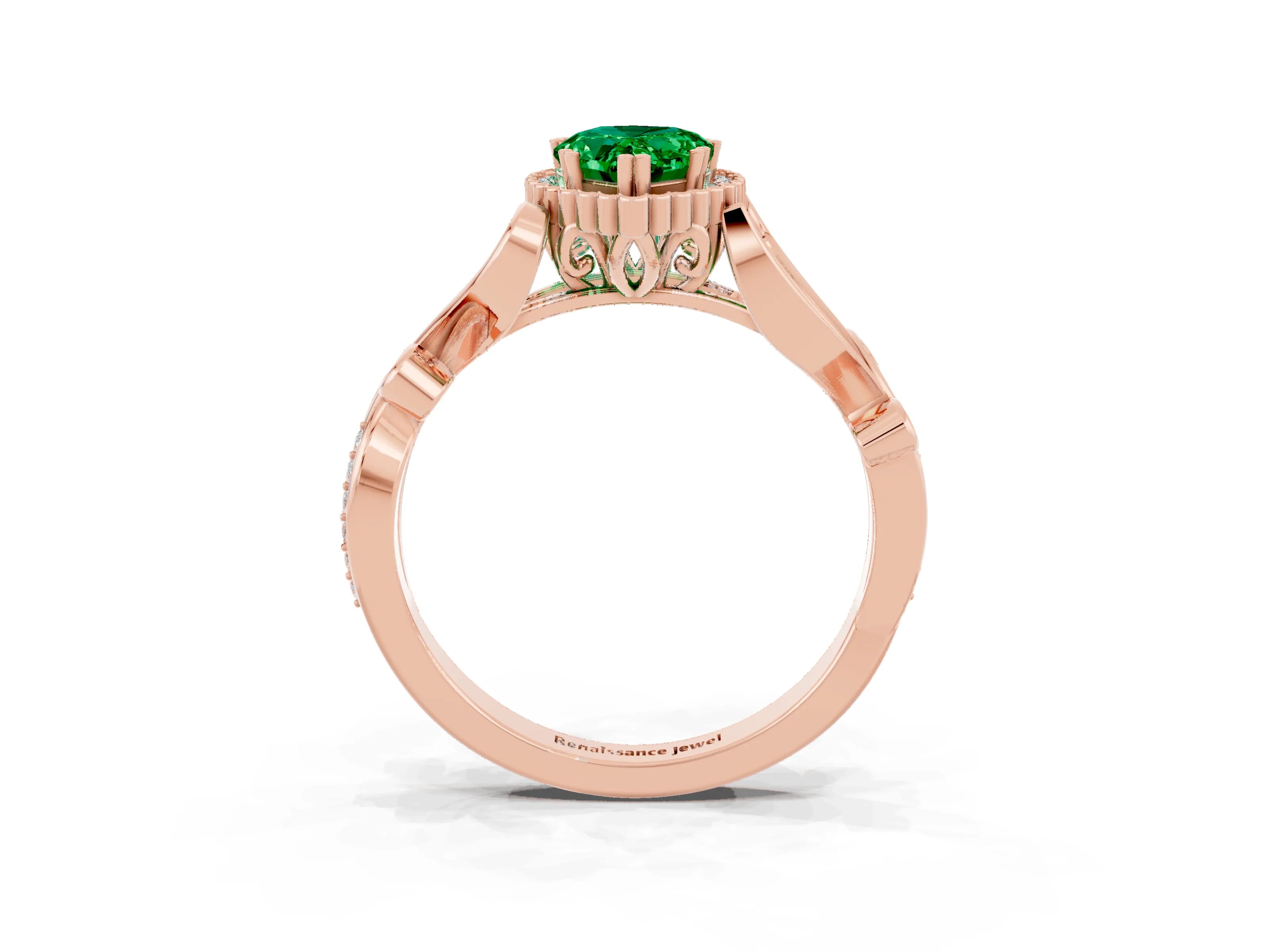 Rose gold Pear Cut Emerald Halo Ring with Vintage Split Shank and Four-Prong Setting_3