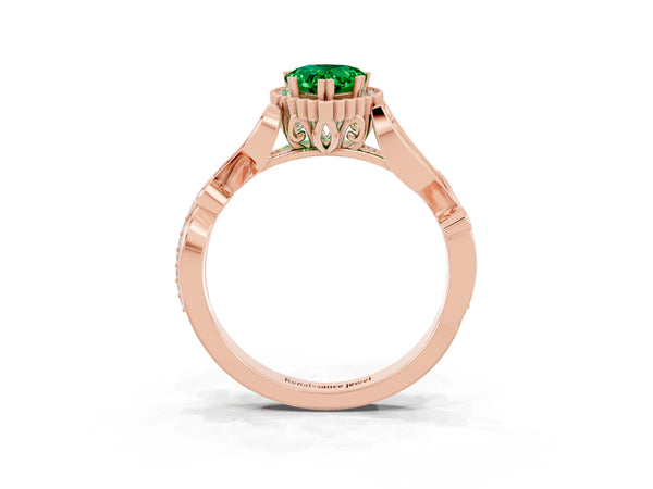 Rose gold Pear Cut Emerald Halo Ring with Vintage Split Shank and Four-Prong Setting