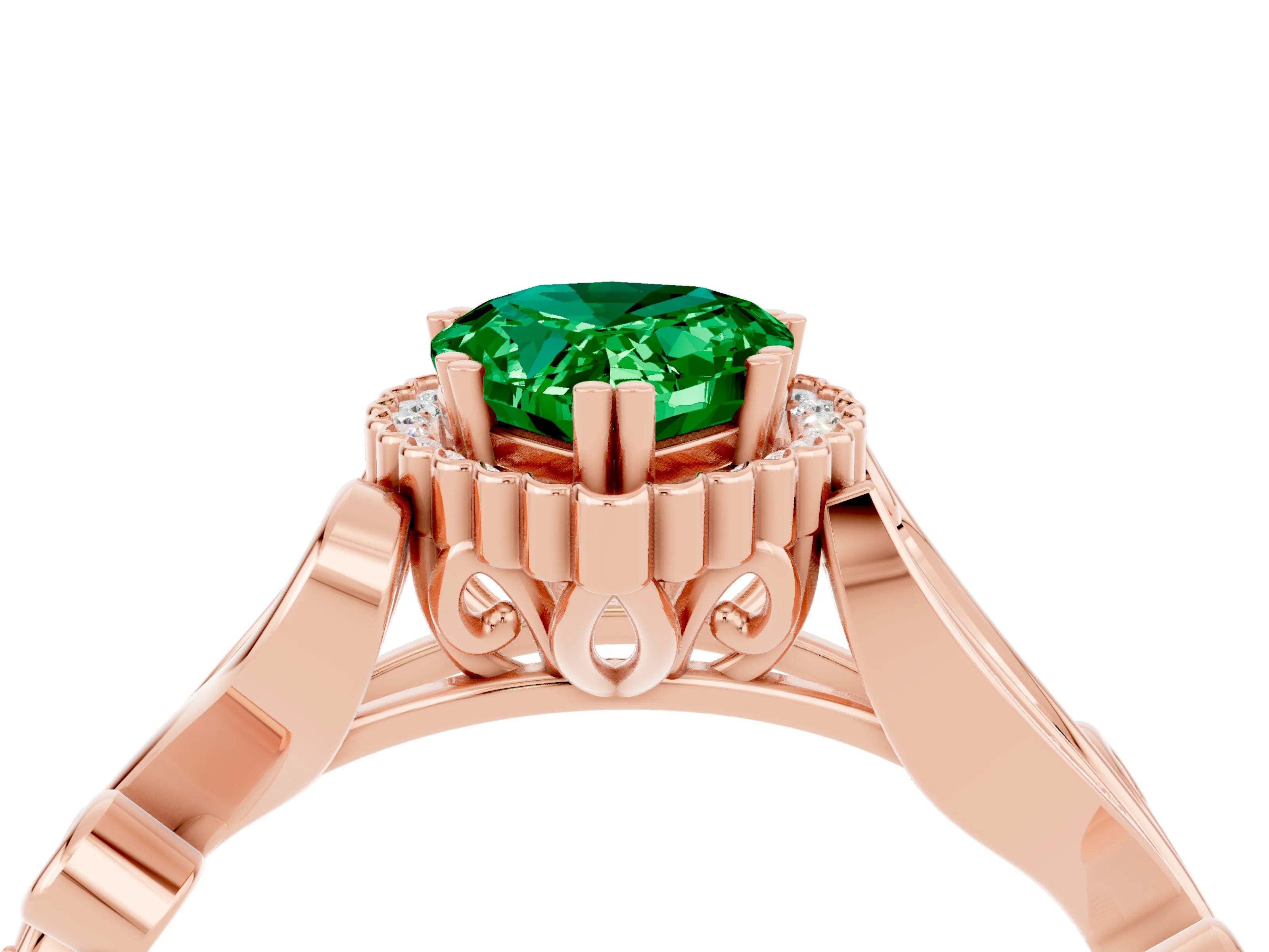 Rose gold Pear Cut Emerald Halo Ring with Vintage Split Shank and Four-Prong Setting_4