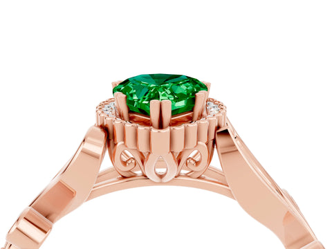 Rose gold Pear Cut Emerald Halo Ring with Vintage Split Shank and Four-Prong Setting_4