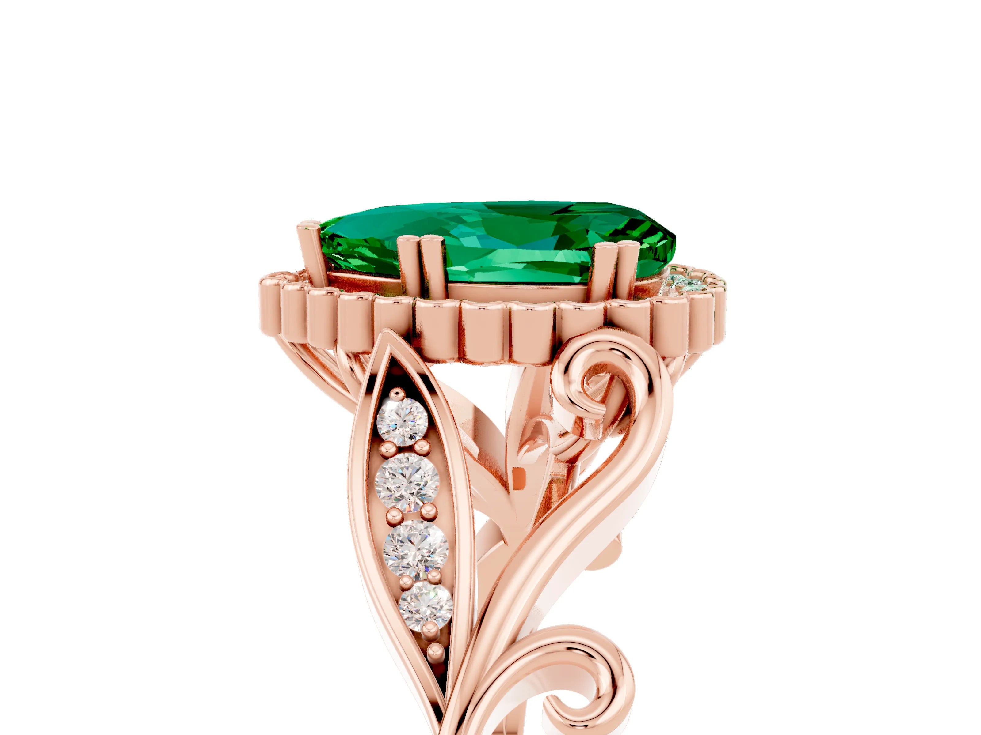 Rose gold Pear Cut Emerald Halo Ring with Vintage Split Shank and Four-Prong Setting_5