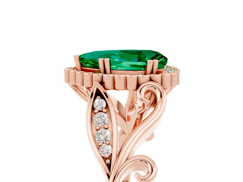 Rose gold Pear Cut Emerald Halo Ring with Vintage Split Shank and Four-Prong Setting_5
