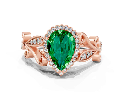 Rose gold Pear Cut Emerald Halo Ring with Vintage Split Shank and Four-Prong Setting