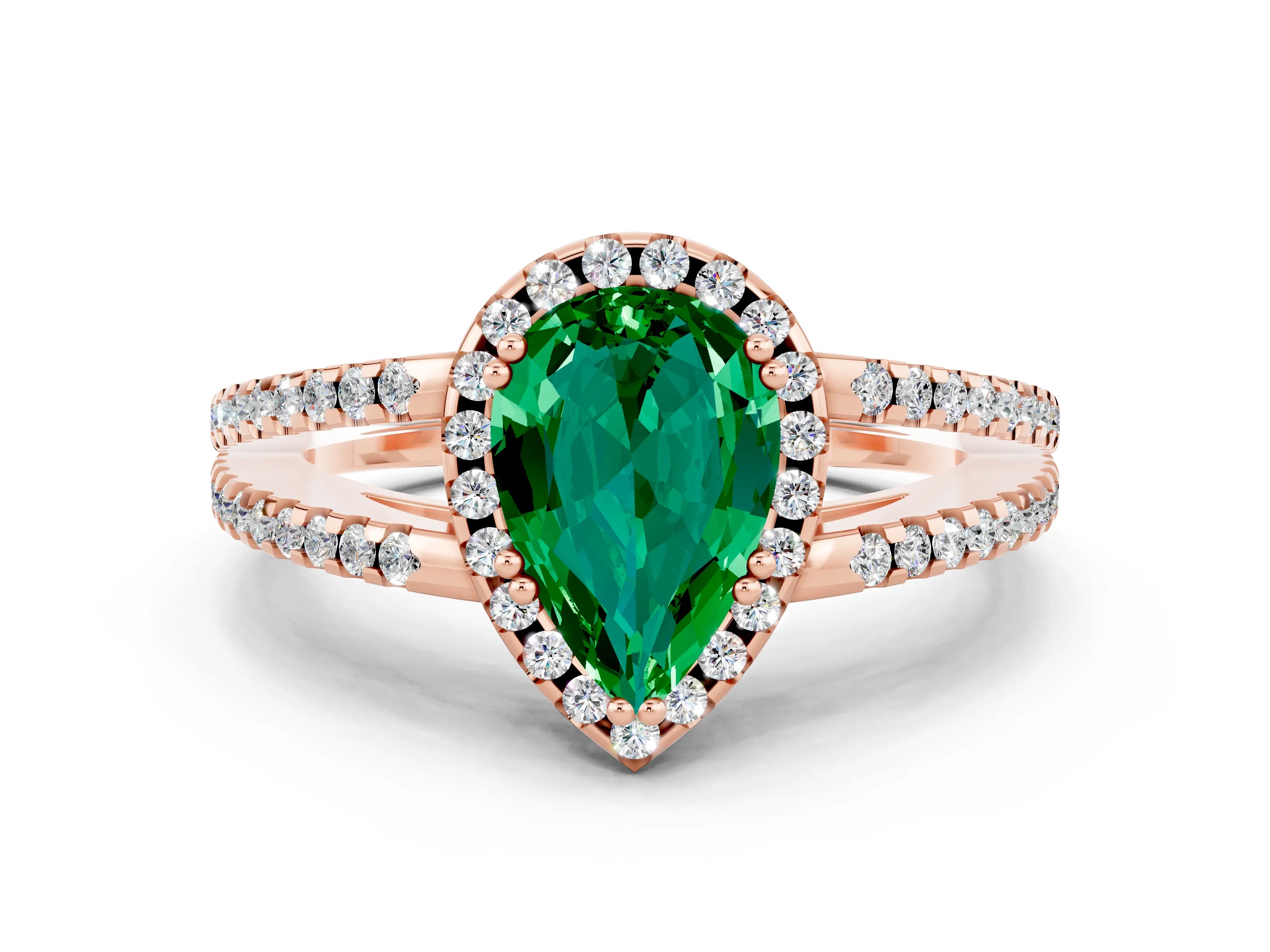 Rose gold Pear Cut Emerald Halo Split Shank Engagement Ring_12