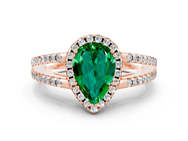 Rose gold Pear Cut Emerald Halo Split Shank Engagement Ring
