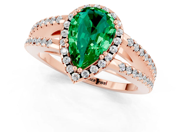 Rose gold Pear Cut Emerald Halo Split Shank Engagement Ring