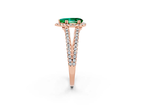 Rose gold Pear Cut Emerald Halo Split Shank Engagement Ring