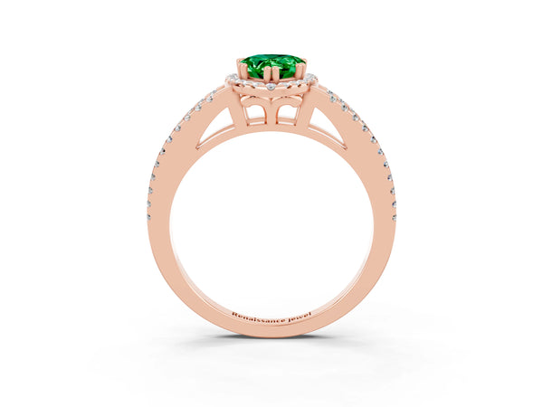 Rose gold Pear Cut Emerald Halo Split Shank Engagement Ring