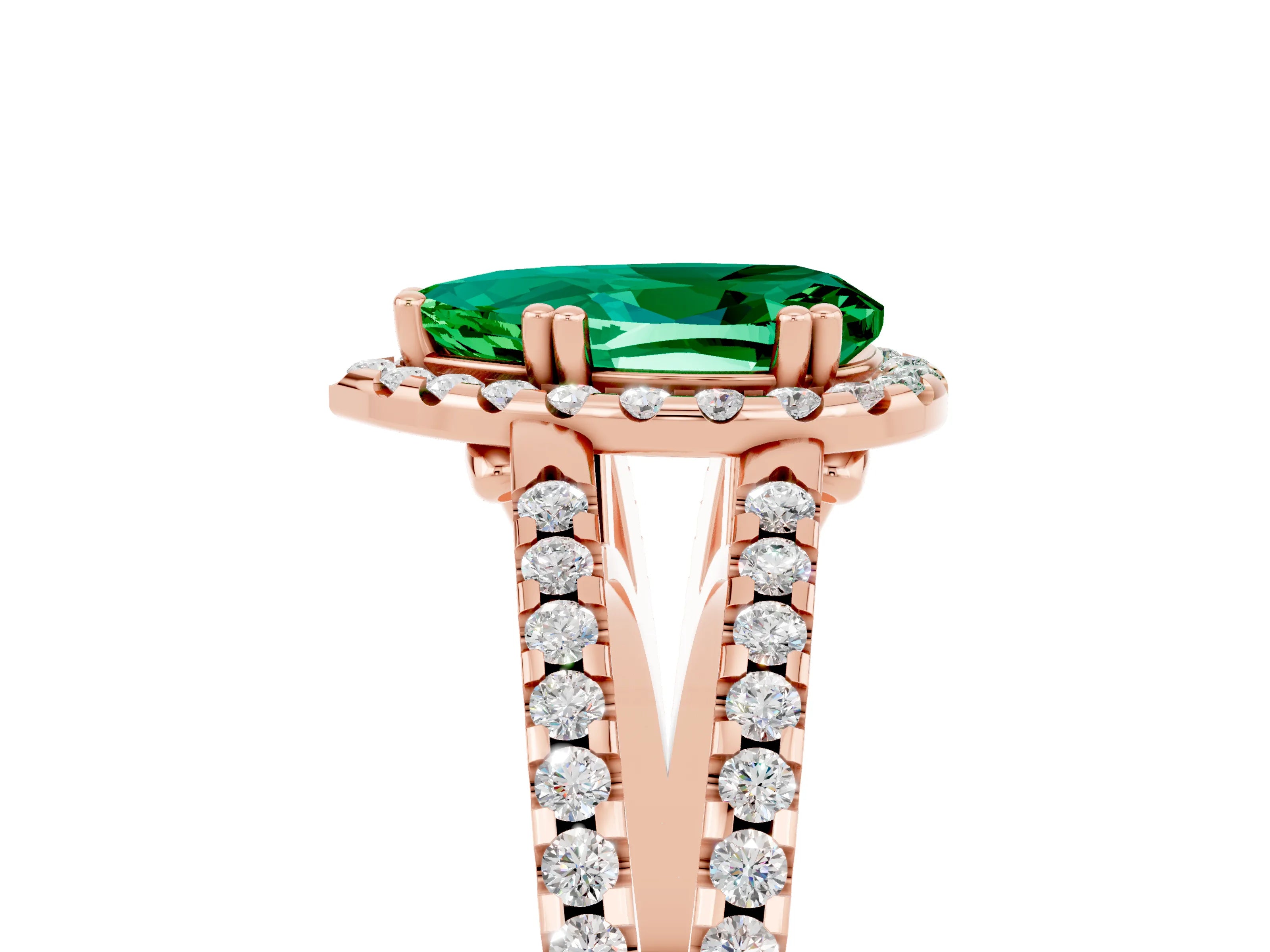 Rose gold Pear Cut Emerald Halo Split Shank Engagement Ring_17