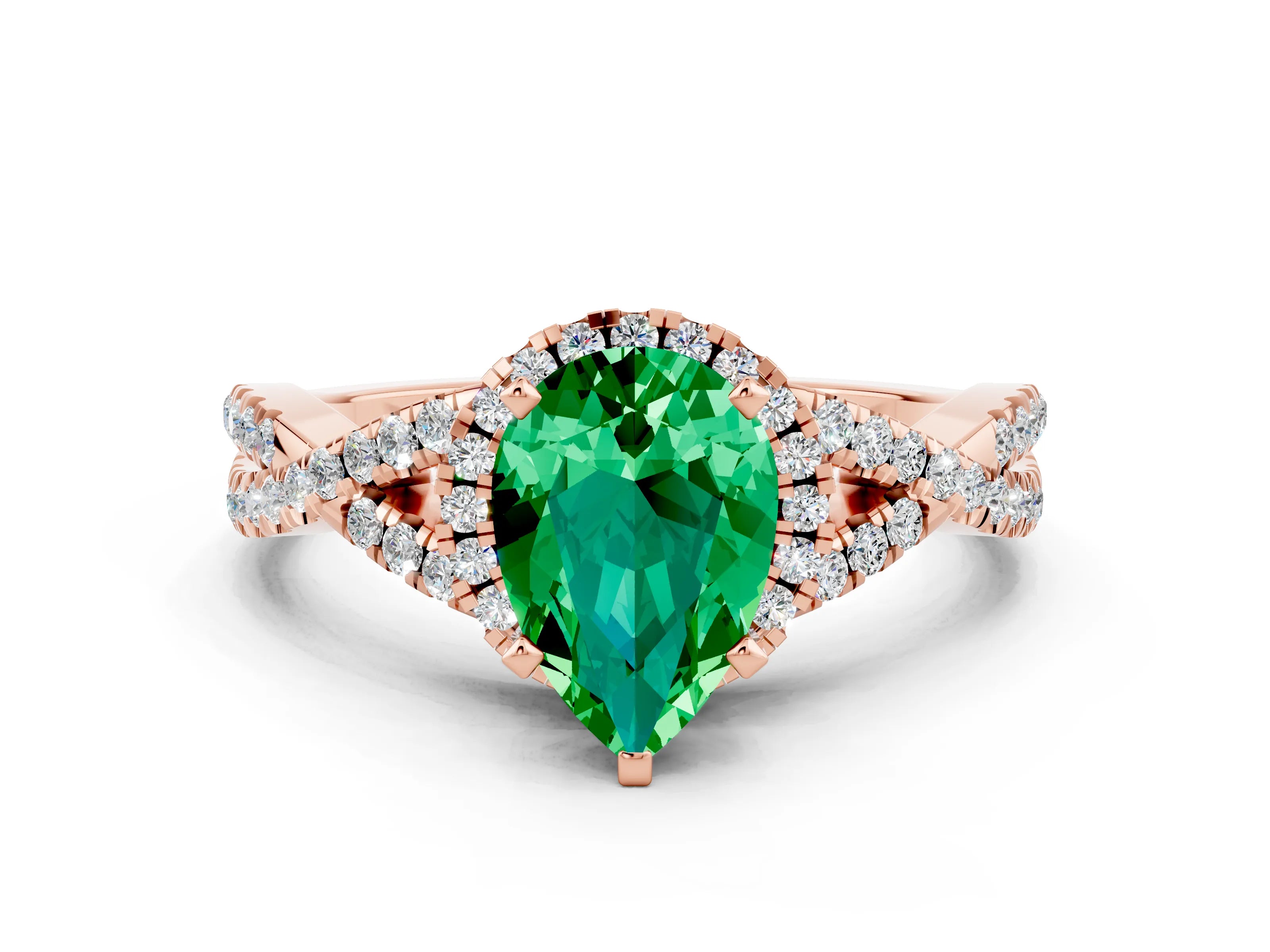 Rose gold Pear Cut Emerald Halo Twist Band Solitaire Prong Setting Ring