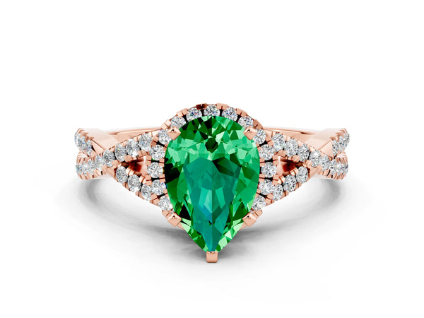 Rose gold Pear Cut Emerald  Halo Twist Band Solitaire Prong Setting Ring
