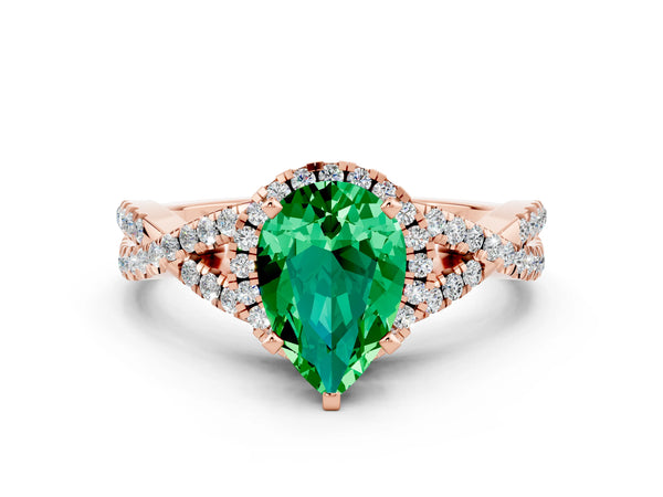Rose gold Pear Cut Emerald  Halo Twist Band Solitaire Prong Setting Ring